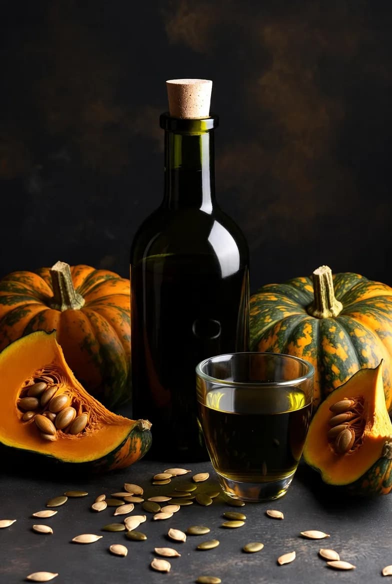 Premium Kürbiskernöl 1 Liter – Flasche auf warmem Holzhintergrund