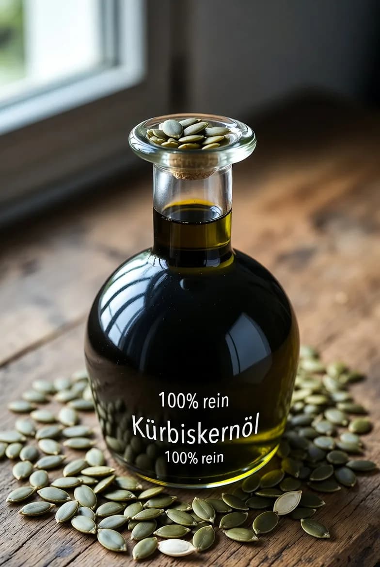 Premium Kürbiskernöl 250 ml – Flasche auf warmem Holzhintergrund