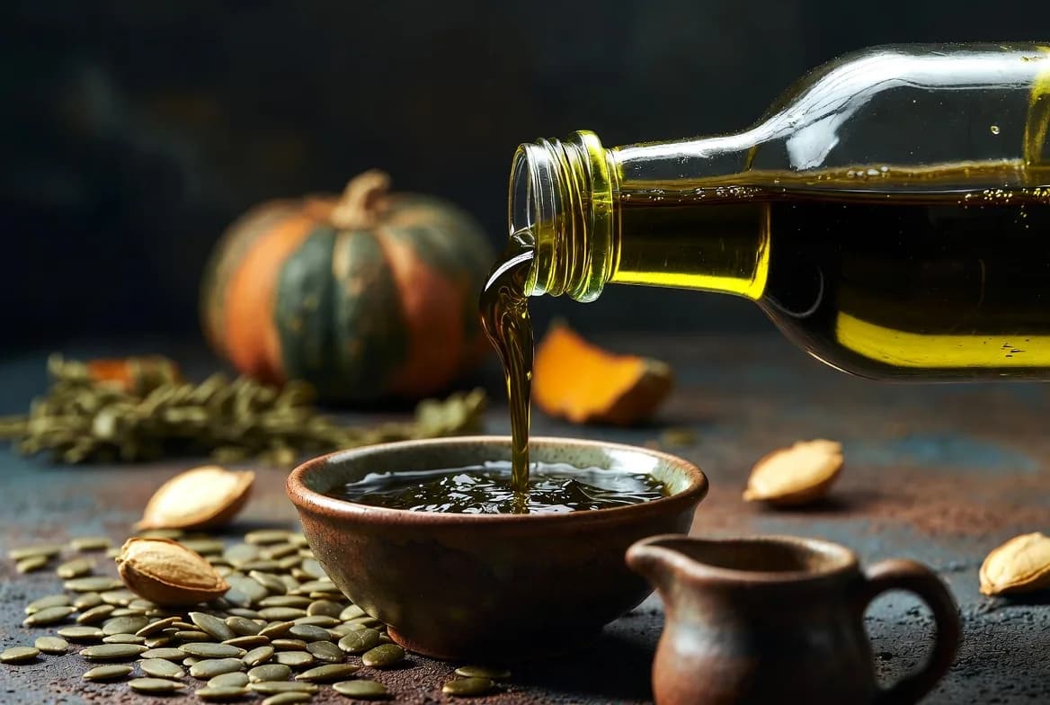 Kürbiskernöl wird handwerklich in eine Keramikschale gegossen